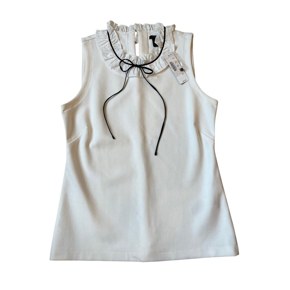 J.Crew Factory NWT White Ruffle Mock Neck Sleeveless Blouse XXS Black Tie Top